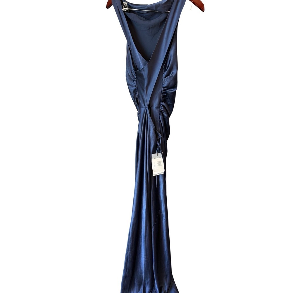 Reformation Anais Silk Maxi Dress Navy Blue Open Back High Neck Formal Gown NEW - Picture 7 of 7